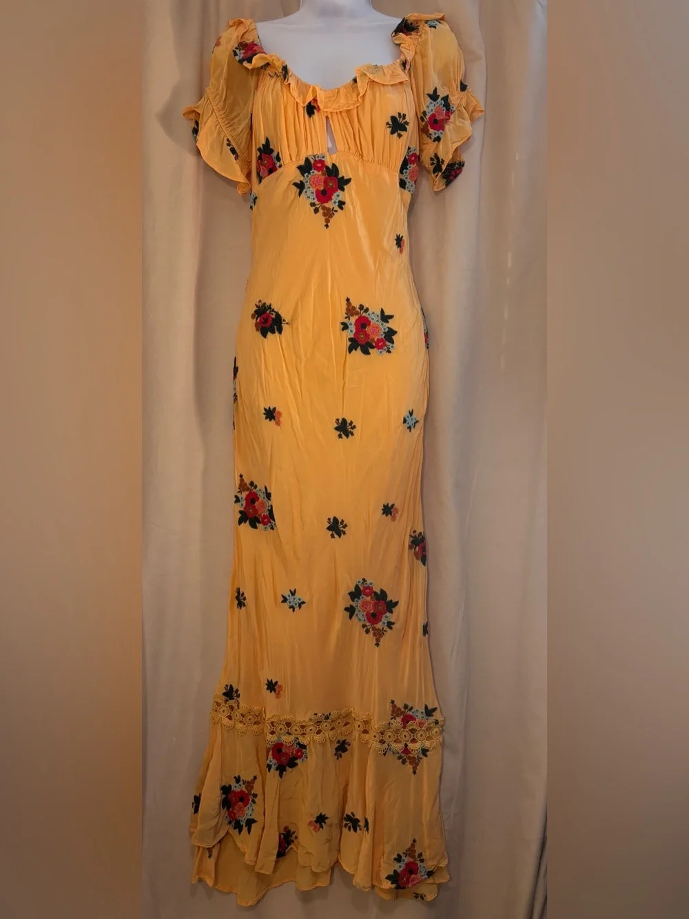Free People Bali Santa Cruz Yellow Floral Ruffled Midi Dress